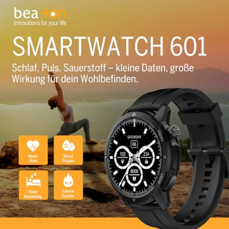 Beafon Smartwatch 601, 1,43“ AMOLED Display, IP68, 5ATM, GPS, Kompass, Sportmodus, Herzfrequenz, Blutsauerstoff, Bluetooth Anrufe, orange Armband im Lieferumfang – Bild 2
