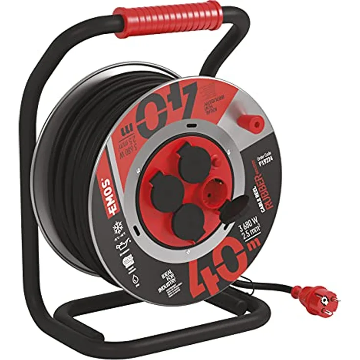 EMOS Outdoor-Kabeltrommel aus Stahlblech, 40m Gummi-Kabel H07RN 2,5 mm2 (Neopren) mit 4 Schuko Steckdosen, IP44 wasserdicht für Außenbereich, Industrie, Baustelle