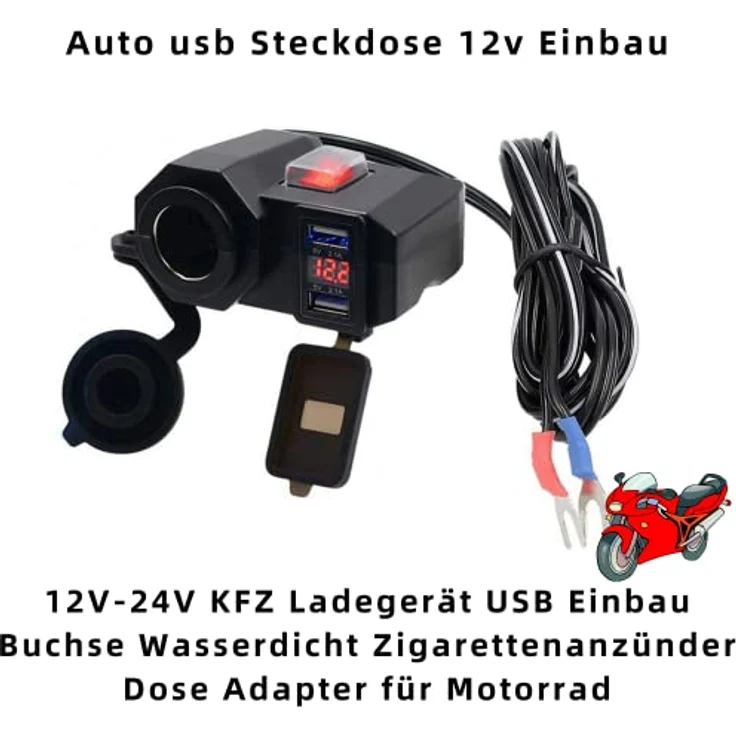 Bolwins D74C Motorrad USB Steckdose Zigarettenanzünder, wasserdicht mit 2x USB (5V/2,1A) und Spannungsanzeige, schwarz – Bild 2