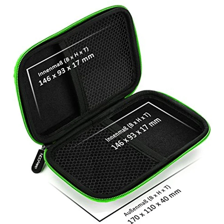 deleyCON Festplattentasche HDD Case für 2,5 Zoll Festplatten und SSD, robust & stoßsicher, 2 Innenfächer, schwarz/grün – Bild 6