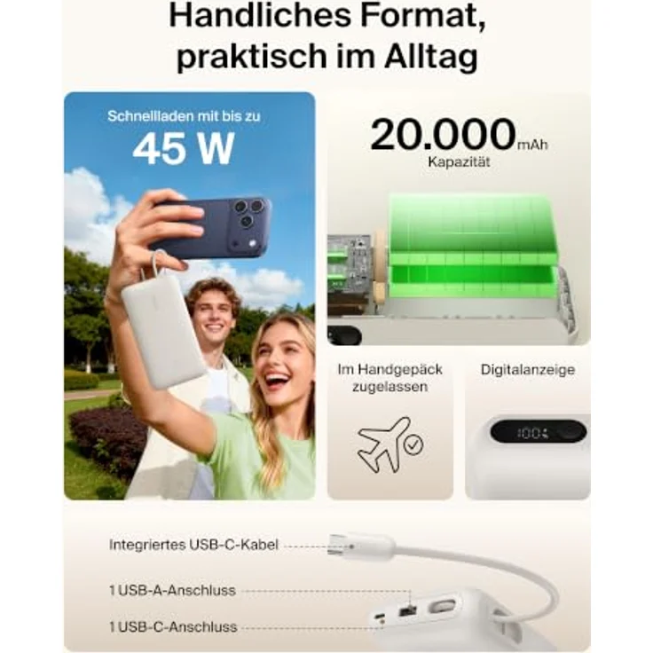 Belkin UltraCharge 20000mAh Power Bank, integriertes USB-C-Kabel, 45 W Leistung, digitale Anzeige – Beige – Bild 2