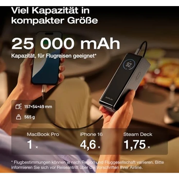 EF ECOFLOW Rapid Powerbank 25 000 mAh 170 W, tragbares Ladegerät mit 2 × 140 W USB-C-Anschlüssen, Silber – Bild 5