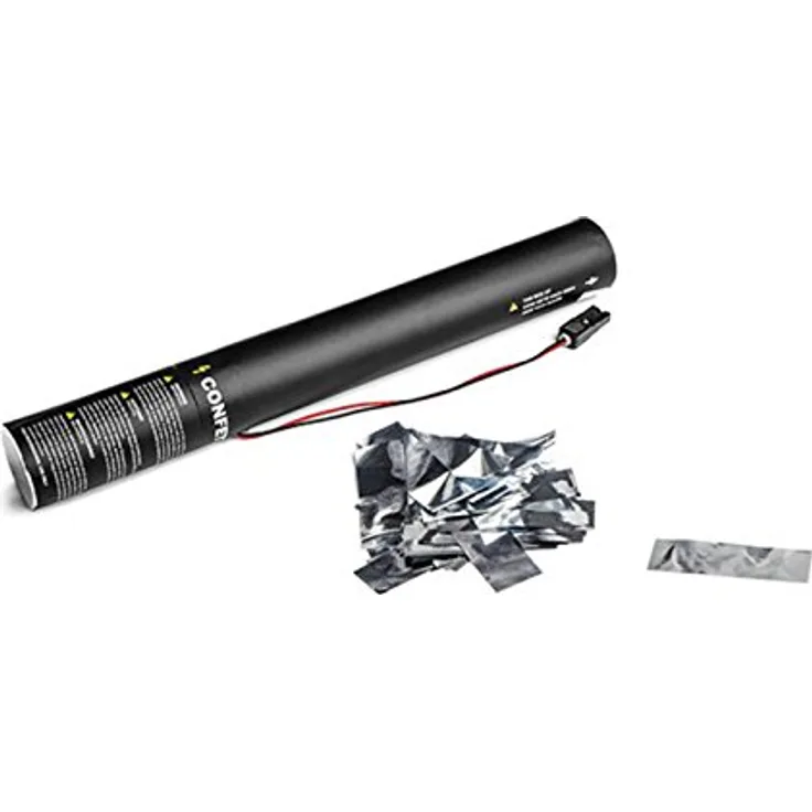 Magic FX E Cannon 50 cm, elektrische Konfetti Kanone mit silber metallic Streamern, 12 m Reichweite, TÜV-zertifiziert