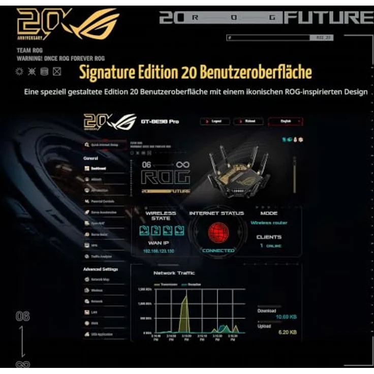 ASUS ROG Rapture GT-BE98 20th Anniversary Edition Quad-Band WiFi 7 Gaming Router, 25Gbps, Dual 10G & Quad 2.5G Ports, AiProtection, VPNs, 4G LTE/5G Tethering – Bild 3