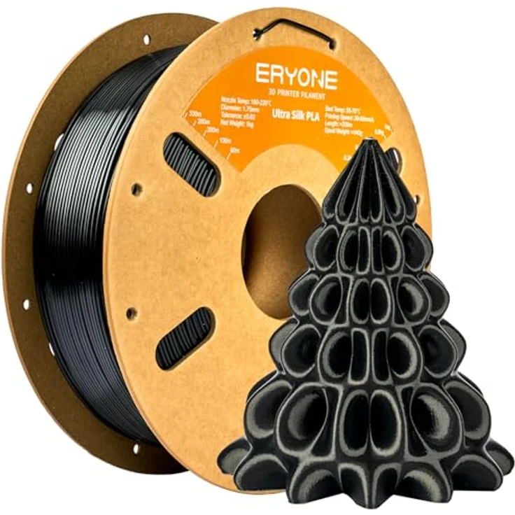 ERYONE Ultra Shiny Silk PLA Filament 1,75 mm, 1 kg Spule, präzise Dimensionen, schwarz – Bild 1