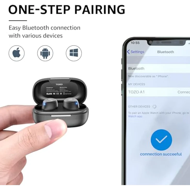TOZO A1 Mini Kabellos Bluetooth 5.3 für kleine Ohren In-Ear-Kopfhörer (Bluetooth 5.3: Genießen Sie eine stabile und zuverlässige Verbindung bis zu 12 Meter Entfernung., mit APP Steuerung, 30 Std Premium Sound, IPX5 Wasserdicht) – Bild 5
