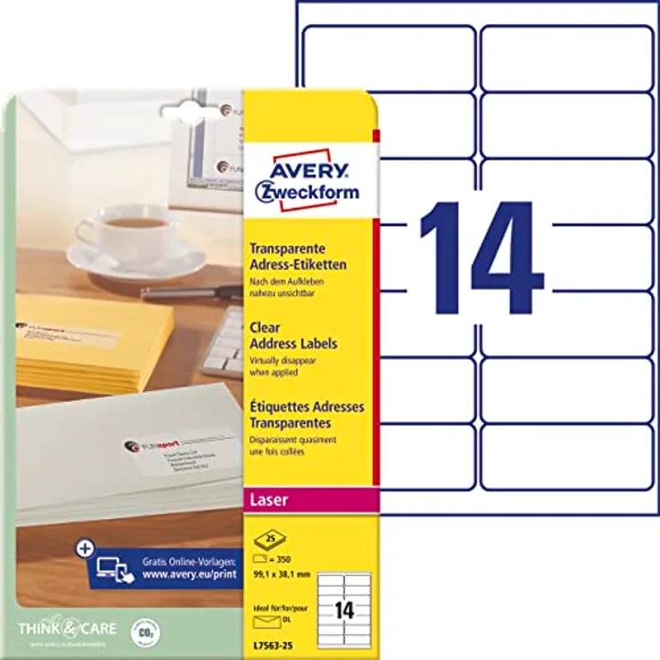 AVERY Zweckform L7563-25 Adressetiketten/Adressaufkleber (350 Etiketten, 99,1x38,1mm auf A4, bedruckbar, selbstklebend, für DIN lang Briefkuverts, durchsichtige Polyesterfolie) 25 Blatt, transparent