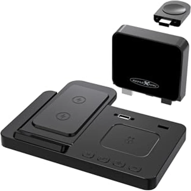 Reflexion ACW2190 Wecker Ladestation, 4 in 1 Wireless Charger für Smartphone, Smartwatch + Kopfhörer, USB-C, schwarz – Bild 3