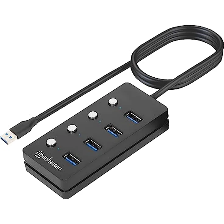 MANHATTAN 180887 USB 3.0 Hub mit 4 Ports Typ-A mit Schaltern für einen Port, schwarz - USB-Hub mit SuperSpeed Übertragungsraten und individuellen Port-Schaltern