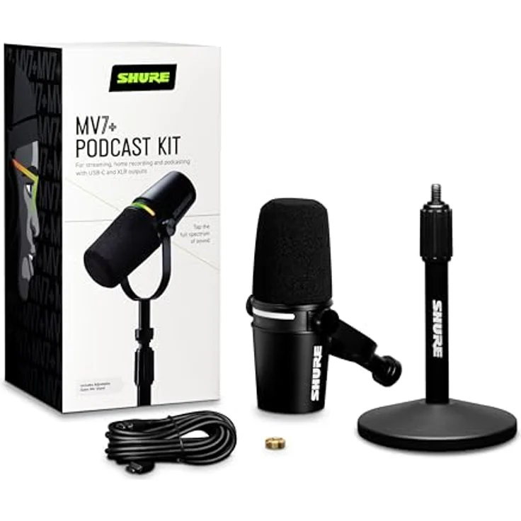 Shure MV7+ Podcast Mikrofon - Verbessertes Audio, LED-Touchpanel, USB-C- und XLR-Ausgänge, Auto-Level-Modus, Pop-Filter, Halleffekte - Schwarz – Bild 2