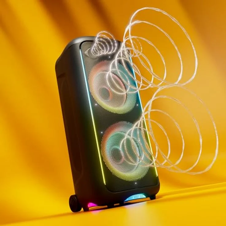 Philips TAX5000E, Bluetooth-Party-Lautsprecher mit 200 W, Bass+, Lichtshow, 14 Std. Akku, IPX4-Spritzwasserschutz, Mikro-/Gitarren-Eingänge, TWS, Auracast, App-Steuerung, tragbar mit Rädern und Griff – Bild 3
