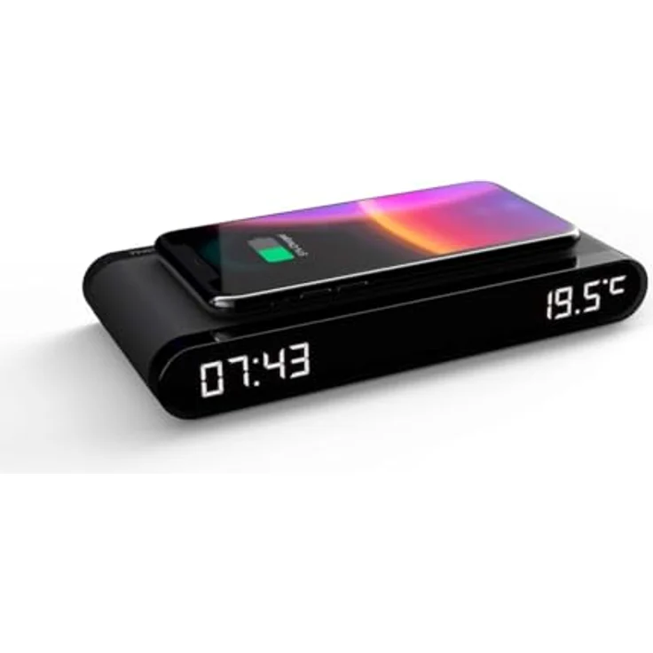 Thomson Wecker mit kabelloser Ladestation + Temperaturanzeige + USB-Ladegerät CT550I, Schwarz – Bild 2