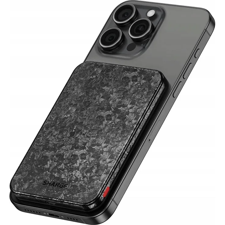 Sharge CarbonMag 5K Powerbank 5000 mAh – Magnetische Externe Batterie mit Schnellladung, USB-C & USB-A, Tragbares Ladegerät in Carbonfaser-Design für Smartphones und Tablets