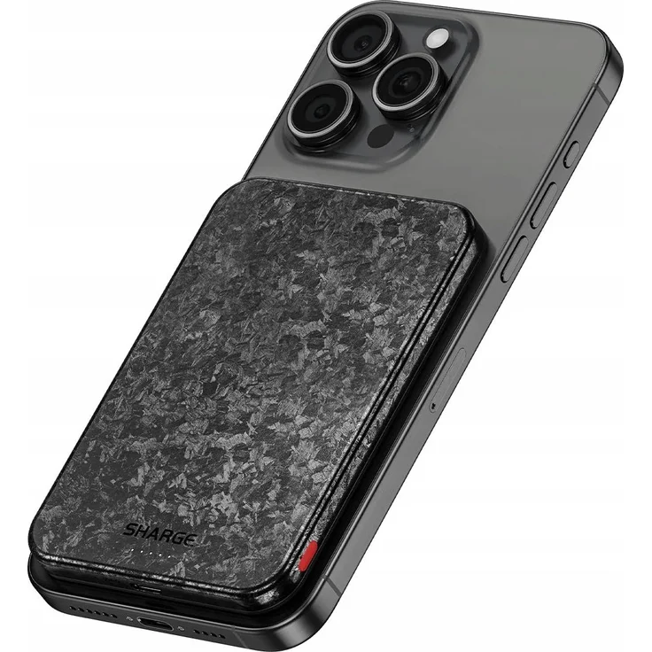 Sharge CarbonMag 5K Powerbank 5000 mAh – Magnetische Externe Batterie mit Schnellladung, USB-C & USB-A, Tragbares Ladegerät in Carbonfaser-Design für Smartphones und Tablets