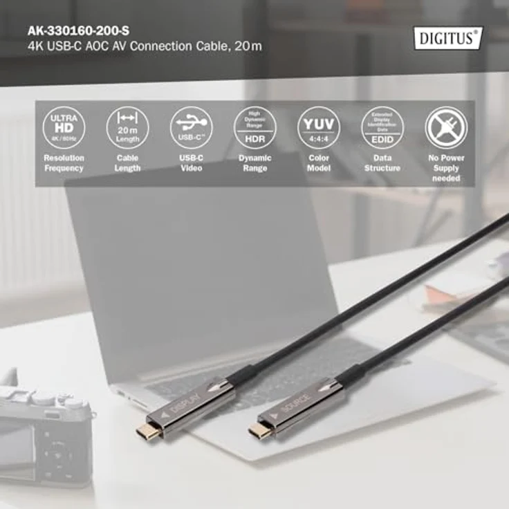 Digitus 4K USB Typ-C AOC AV-Anschlusskabel, 20 m, aktiv, USB 3.0, verlustfreie Übertragung bis 4K/60Hz – Bild 4