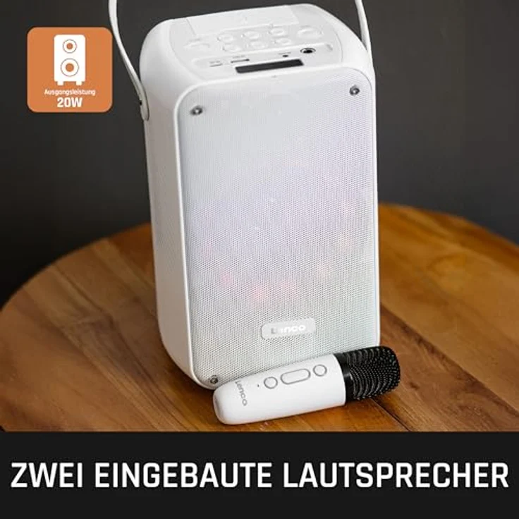 Lenco BTC-060WH, Bluetooth Lautsprecher mit 12h Akkubetrieb, drahtlosem Mikrofon und LED-Beleuchtung, Weiss – Bild 3