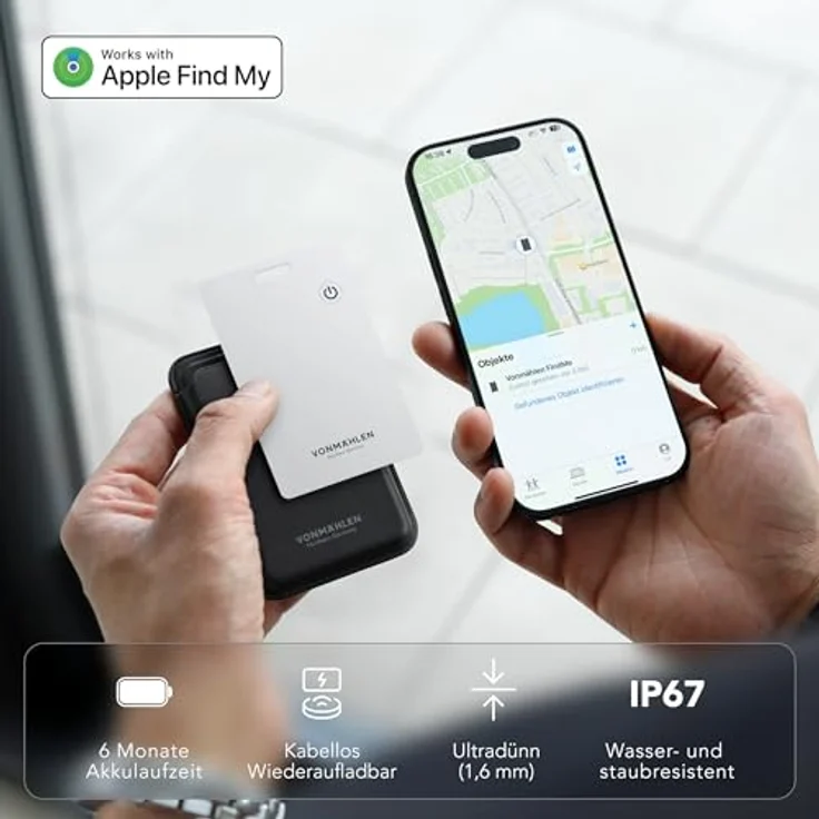 VONMÄHLEN FindMe Bluetooth Tracker Karte, Ultra-Slim Design, kabellos aufladbar, wasser- und staubresistent, kompatibel mit Apple Find My, ideal für Brieftaschen und Gepäck - White – Bild 2