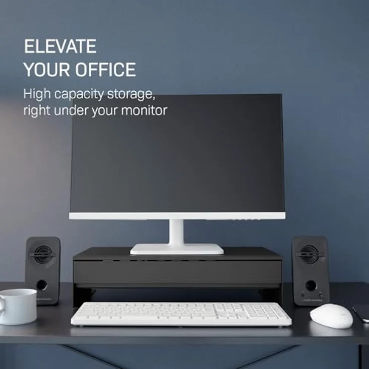 Yamazaki TOWER Monitor-Halterung Ständer mit Schublade, bis 27 Zoll, Schreibtischaufsatz, inkl. Kabelhalter, schwarz – Bild 2