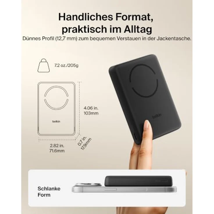 Belkin BoostCharge Power Bank, Slim Magnetic mit Qi2, USB-C, 30 Watt, 10000 mAh, Schwarz – Bild 3
