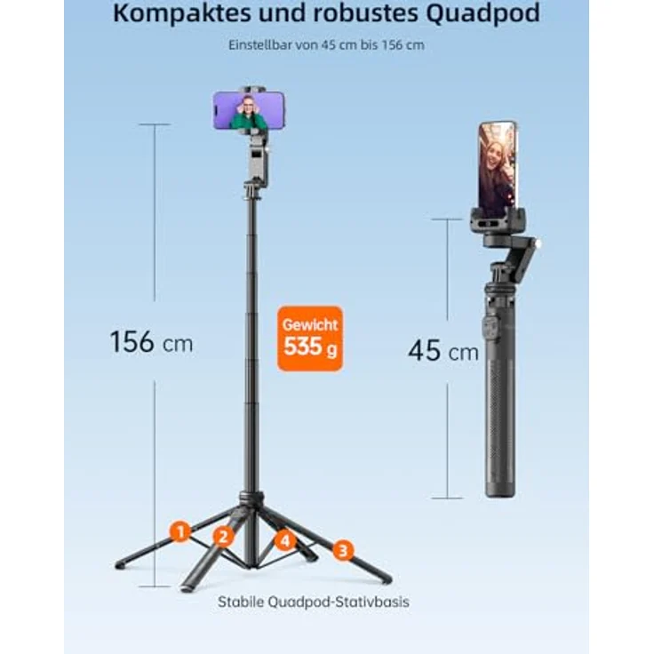 Rollei Easy Creator Gimbal mit AI Tracking 360, Automatische Gesichtsverfolgung Selfie Stick in Schwarz – Bild 5
