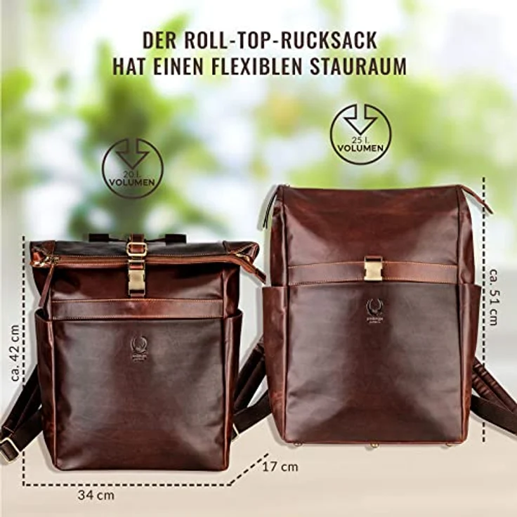 Corno d´Oro Handgefertigter Leder Rolltop Rucksack Braun Groß bis 25l für 17 Zoll Laptop Vintage Backpack – Bild 4