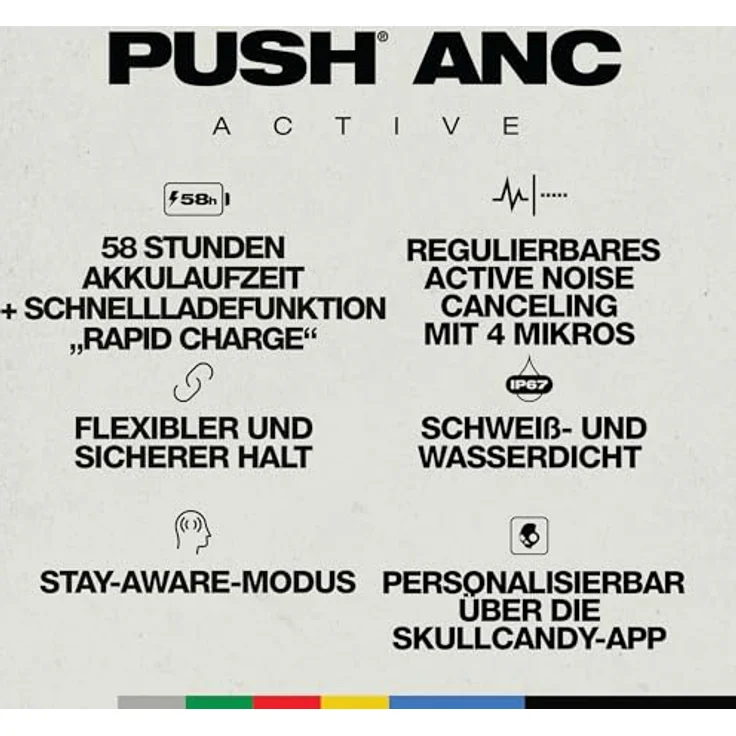 Skullcandy Push ANC Active, Kabelloser In-Ear Kopfhörer mit 58 Std. Akkulaufzeit, Wasserdicht (IP67), Kabelloses Laden, Kompatibel mit iPhone, Android - True Black/Orange – Bild 2