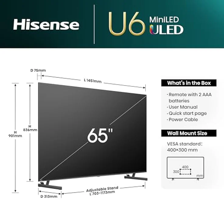 Hisense 65U6NQ 164 cm (65 Zoll) Mini LED ULED HDR Smart TV, Dolby Vision & Atmos, Bluetooth, Alexa Built-in, Anthrazit [2024] – Bild 2