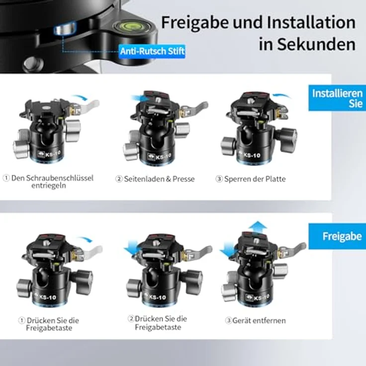 SIRUI KS-10 Kugelkopf Low Profile für Stativ, 29 mm 360° Panorama Aluminium Stativkopf für Kamera, Camcorder, Einbeinstativ, bis 15 kg - Schwarz – Bild 4