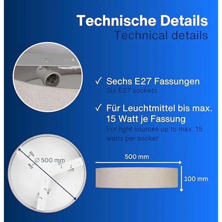 REV Deckenleuchte - Deckenlampe rund 50cm mit Stoff-Lampenschirm im Vintage-Look, taupe - Flexibel, zeitlos & gemütlich – Bild 5