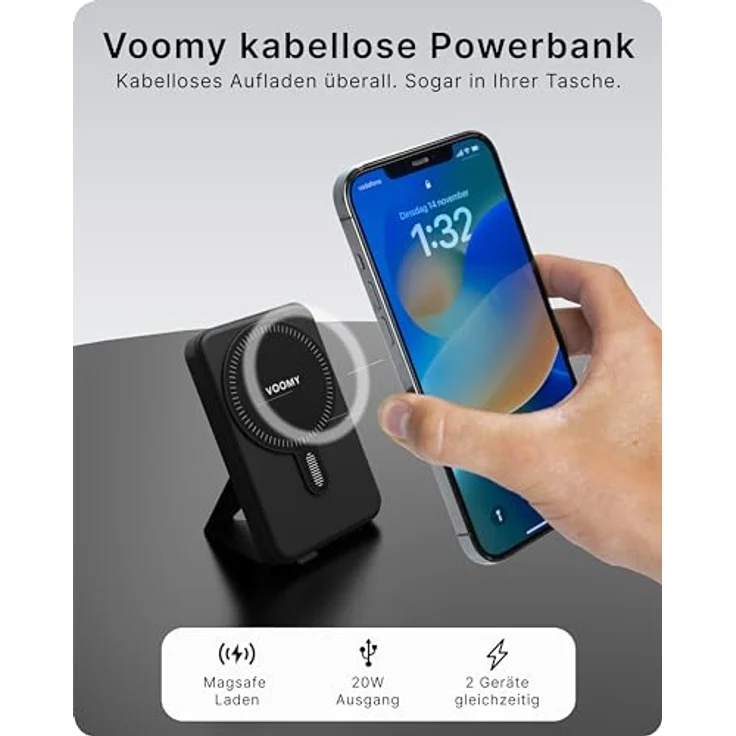 Voomy Charge P6 Kompakte Magnetic 6000 mAh Powerbank, Kabelloses Laden (Magsafe) und Schnellladefunktion USB-C 20W – Bild 2