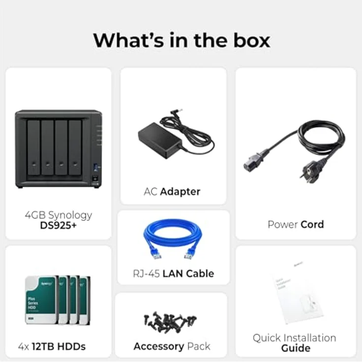 Synology DS925+ NAS-Server-Bundle, 4 Einschübe, 48 TB Speicher (4 x 12 TB Festplatten), 4 GB RAM, inklusive 512 GB SSD, für Business- und Kreativprofis – Bild 2