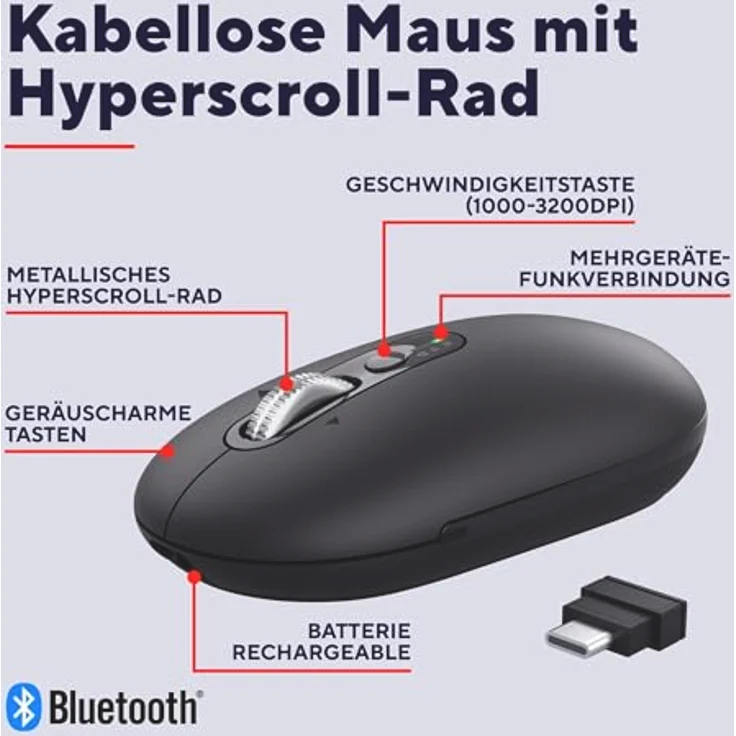 Trust Seron Wiederaufladbare Kabellose Maus, Hyperscroll-Rad, Bluetooth + 2.4GHz, Leise Tasten, 85% Recyclingkunststoff, Schwarz – Bild 2