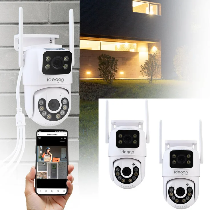 ideoon Dual Lens IP Outdoor-Überwachungskamera, 2er-Set mit 355° Schwenk- und Neigefunktion, Nachtsicht, Gegensprechanlage & Full HD Aufnahme