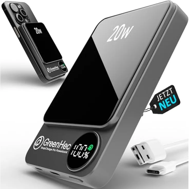GreenHec SnapCharge Pro, MagSafe Powerbank für iPhone 12-17 Pro Max, 10000mAh, magnetisch und kabellos