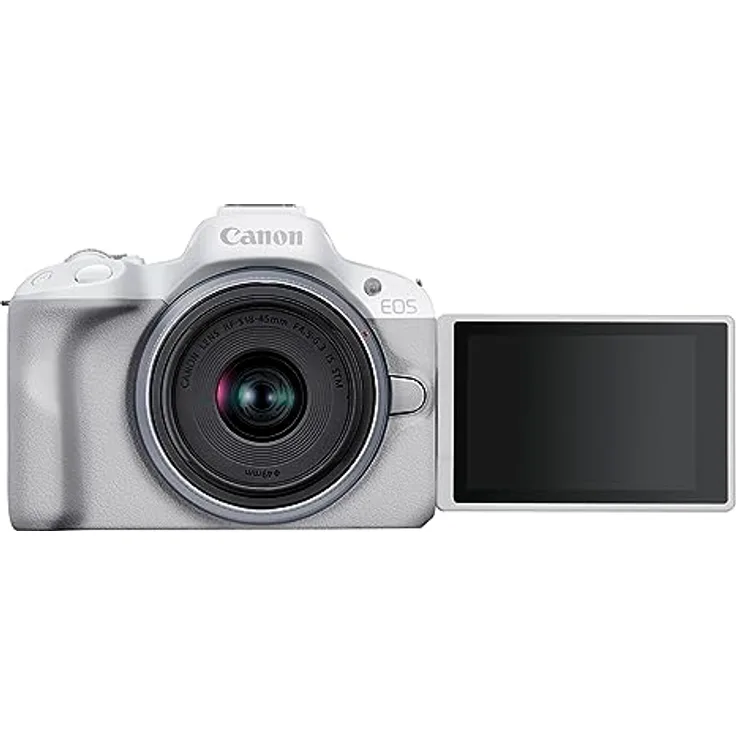 Canon EOS R50 Systemkamera + RF-S 18-45 is STM Objektiv - Spiegellose Kamera (Digitalkamera mit Autofokus und Motiverkennung für Augen Tiere Fahrzeuge, 4k Videokamera, 15 Bilder pro Sekunde) weiß