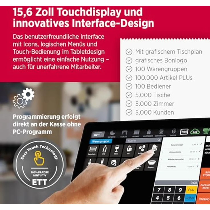 Olympia T400DK, Handels- und Gastronomiekasse mit 15,6 Zoll Touchdisplay, schwarz, ohne TSE, Android 11 – Bild 6