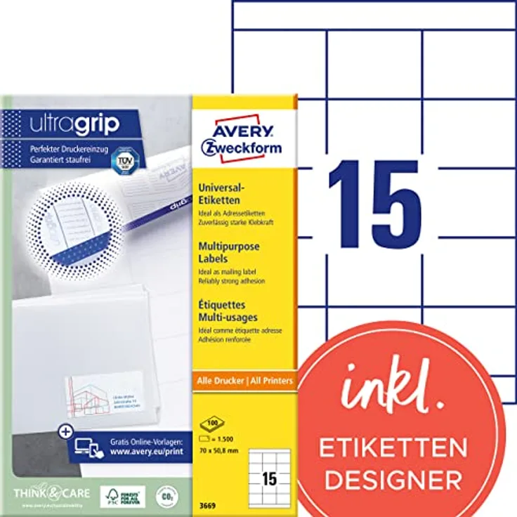 AVERY Zweckform 3669 Adressaufkleber (1.500 Klebeetiketten, 70x50,8mm auf A4, Papier matt, bedruckbare Absenderetiketten, selbstklebende Adressetiketten mit ultragrip) 100 Blatt, weiß