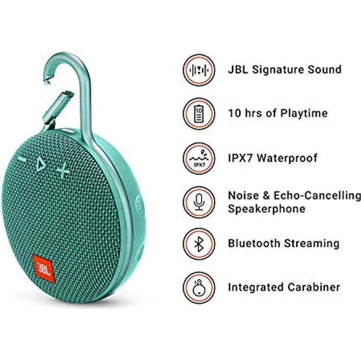 JBL Clip 3 Bluetooth Lautsprecher - Wasserdichte, tragbare Musikbox mit praktischem Karabiner - Bis zu 10 Stunden kabelloses Musik Streaming, Türkis – Bild 3