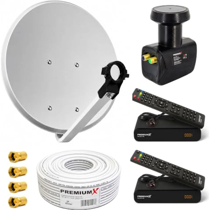 PremiumX PXS60, Satelliten-Komplettanlage für 2 Teilnehmer mit 60cm hellgrauer Satellitenschüssel, Twin LNB und 2x Full HD TV Sat-Receiver – Bild 1