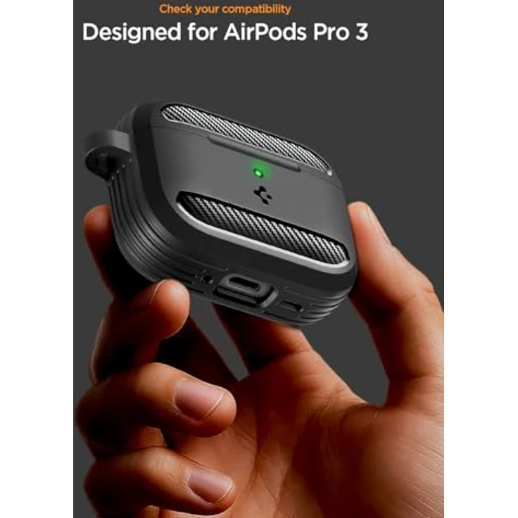 Spigen Rugged Armor Hülle Case für AirPods Pro 3. Generation (2025), Matt Schwarz, TPU-Gehäuse mit Karabiner und kabellosem Laden – Bild 2