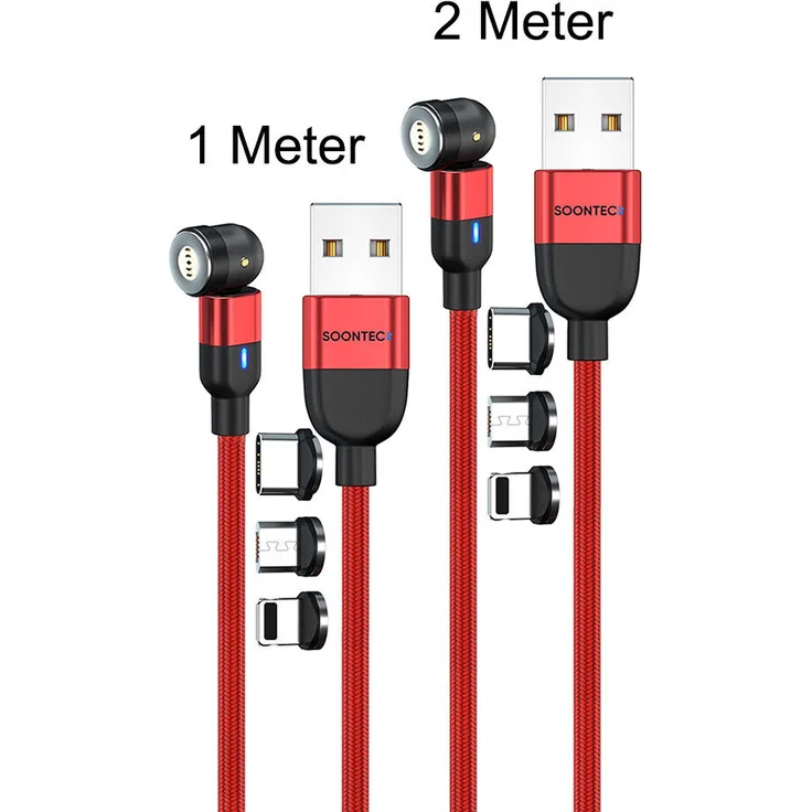 SOONTEC Magnet Ladekabel 2er Set (2 Meter + 1 Meter), rot, drehbar 360° & 180°, mit 3 Steckern (Micro USB/ USB-C/ Lightning), 3,0 A