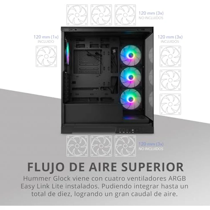 NOX XTREME PRODUCTS Hummer Glock Black - Semitower ATX | M-ATX | ITX, rahmenloses gehärtetes Panoramaglas, Platz für 10 Lüfter, 4X 120mm Lüfter vorinstalliert, USB-C und USB 3.0, Schwarz – Bild 4