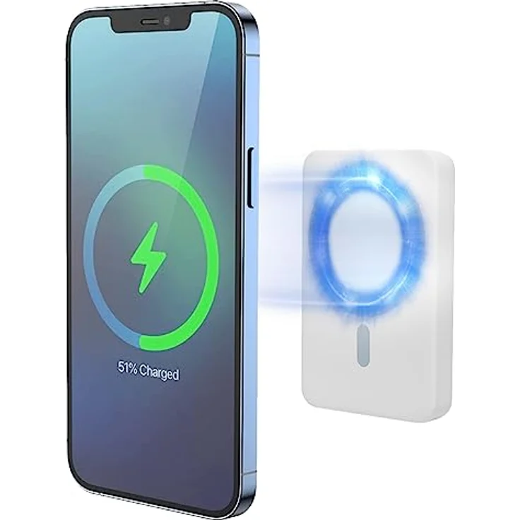 XtremeMac Hochwertige Magnetische Kabellose Powerbank, MagSafe Kompatibel, 5000mAh, für iPhone 12/13/14, mit USB-C und drahtloser Ladefunktion, Leicht und Kompakt, Weiss – Bild 1
