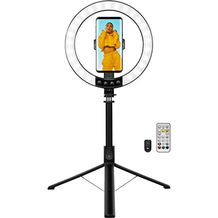 LogiLink AA0156 Ringleuchte, zusammenklappbares LED-Ringlicht mit ausziehbarem Selfie-Stick-Stativ und Farbwechselfunktion, Schwarz – Bild 2