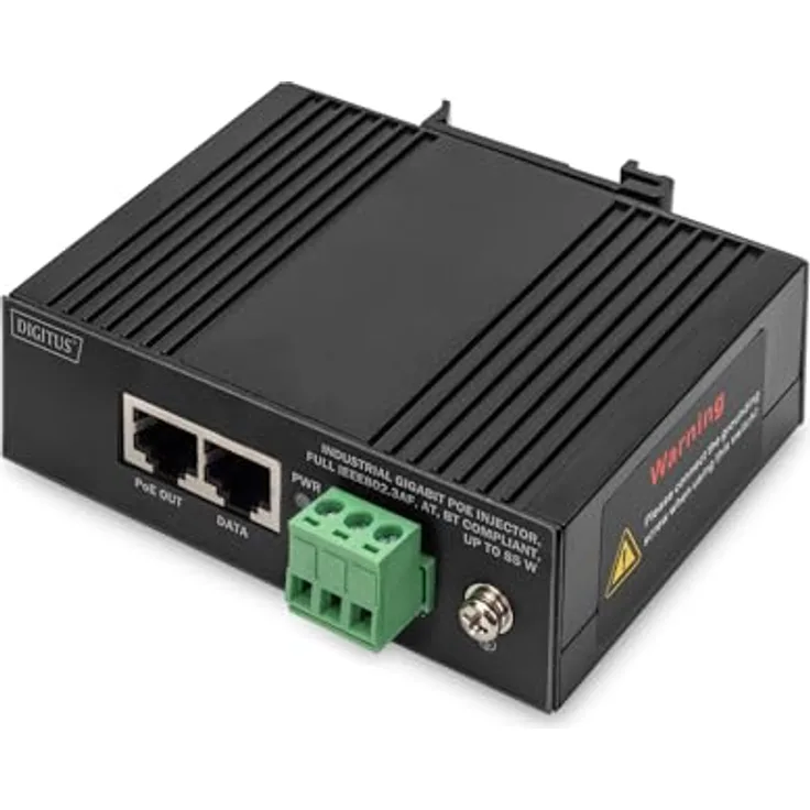 DIGITUS ASSMANN Industrieller Gigabit Ethernet PoE Injektor - 85W - 10/100/1000 Mbps - 100m Reichweite - Hutschienenmontage - schwarz