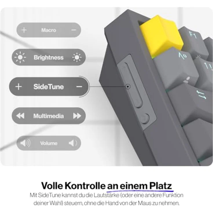 ENDORFY Celeris 1800 DE, kabellose QWERTZ-Tastatur mit 1800 Layout, Bluetooth & 2.4 GHz, SideTune, Gateron Yellow Switches, FR4-Top Plate für verbessertes Tippgefühl, gelb – Bild 5