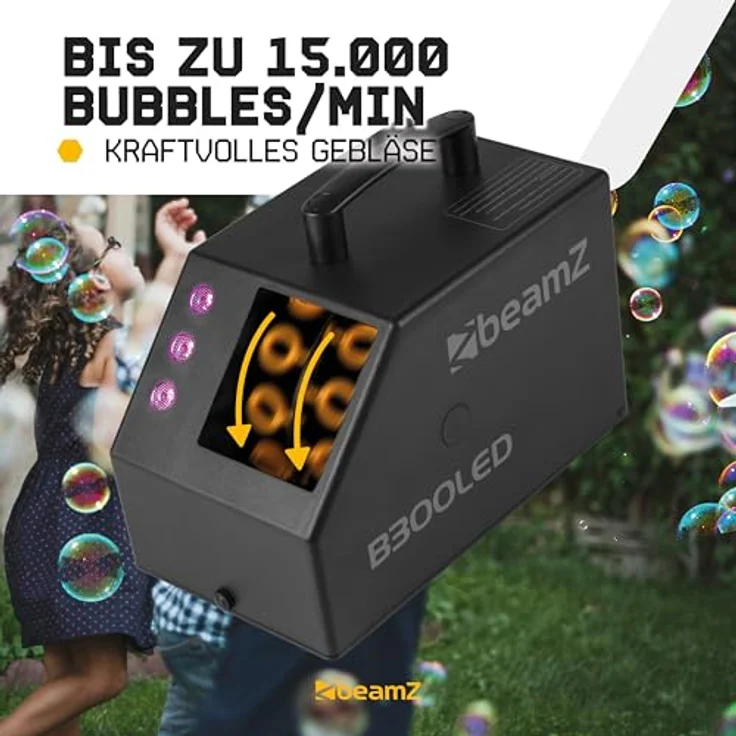 BeamZ B300 LED Seifenblasenmaschine, kabellose Fernbedienung, RGB Lichteffekt mit 3 x 3W LEDs, ABS-Kunststoff – Bild 2