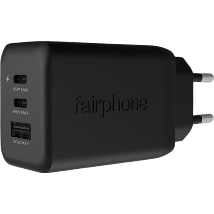 Fairphone Dual USB-C + USB Schnellladegerät 65W, Schwarz, leistungsstark mit dualer Ladeoption