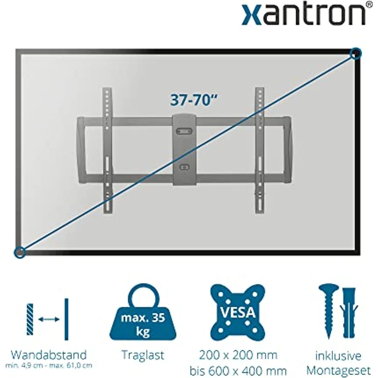 Xantron PRO-FM600 Wandhalterung Fernseher Schwenkbar Neigbar Drehbar / 37-70 Zoll TV Halterung/TV Wandhalterung flach ultraflacher Wandabstand - inkl. Montagematerial – Bild 2