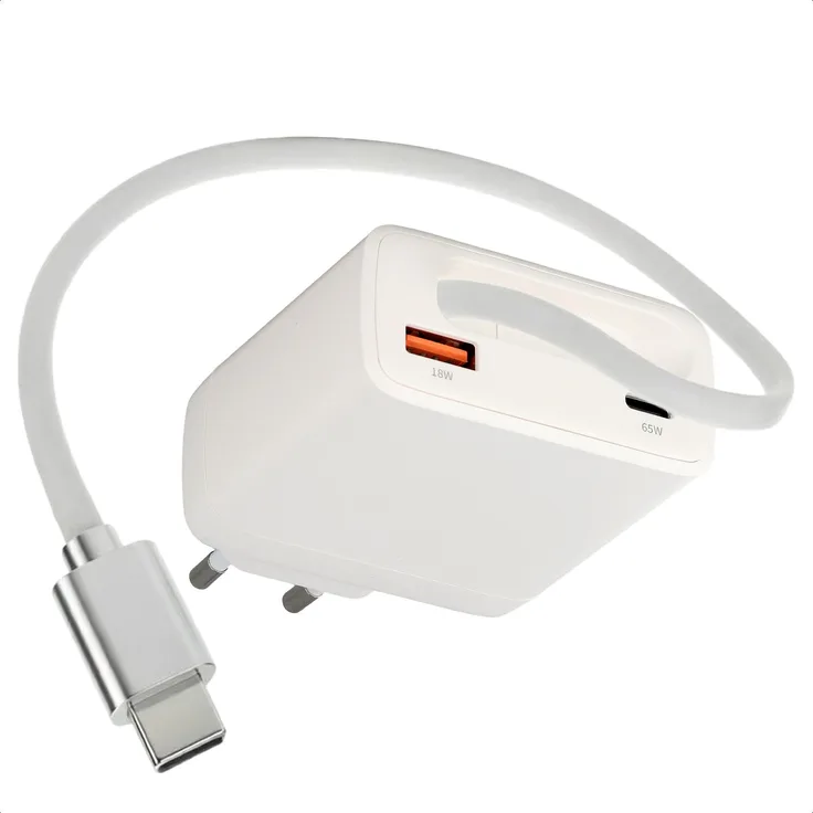iMoshion GaN-Ladegerät mit 65W Leistung, ausziehbarem USB-C-Kabel und USB-A Anschluss, Weiß